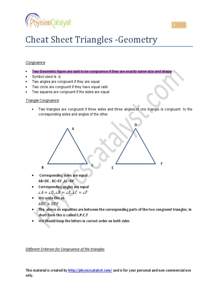 Cheat Sheet Triangles Geometry Congruence PDF Triangle
