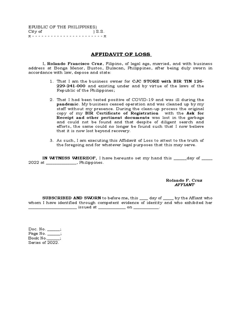 Affidavit of Loss Sales Invoice Rolando Cruz PDF