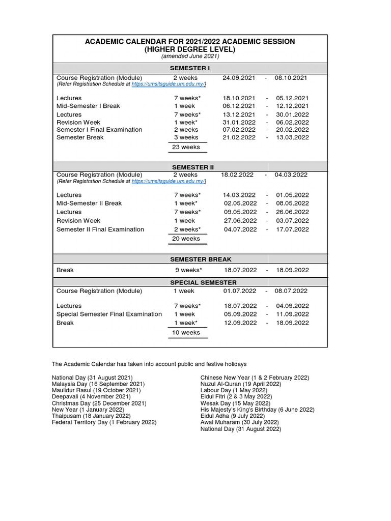 UM Academic Calendar 2021/2022 | PDF | Academic Term | Educational Organizations