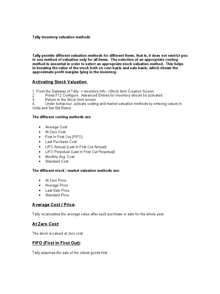 Tally Inventory Valuation Methods PDF Inventory Market (Economics)