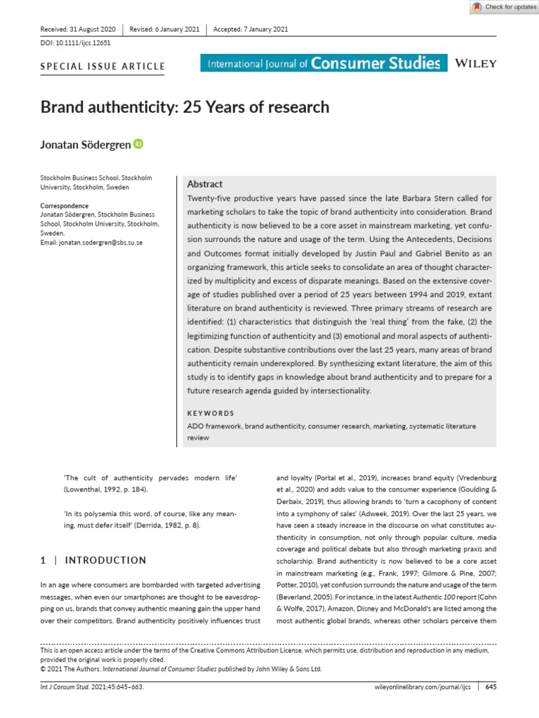 Int J Consumer Studies 2021 S Dergren Brand Authenticity 25 Years