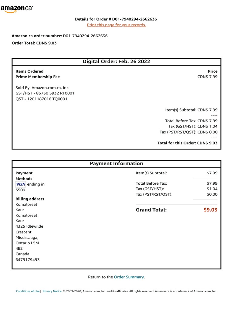 Amazon.ca Order Summary D01-7940294 | PDF | Taxes | Canada