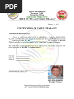 Certification of Water Clearance: Office of The Sangguniang Barangay