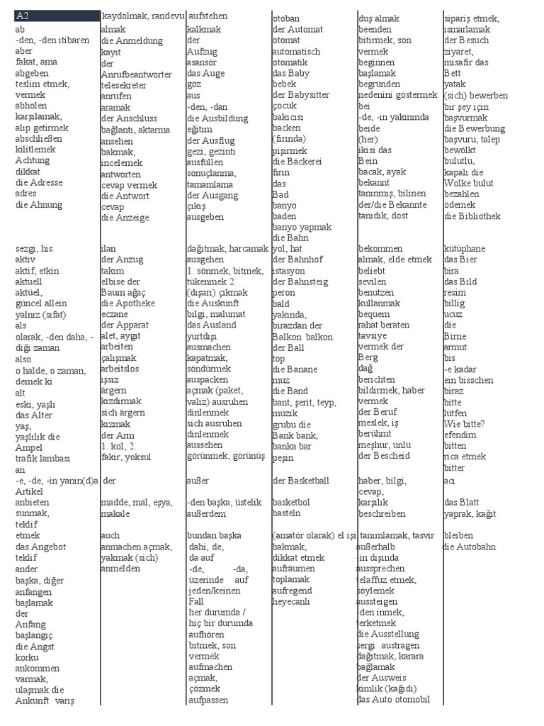 A1 A2 B1 B2 Kelime Listesi PDF
