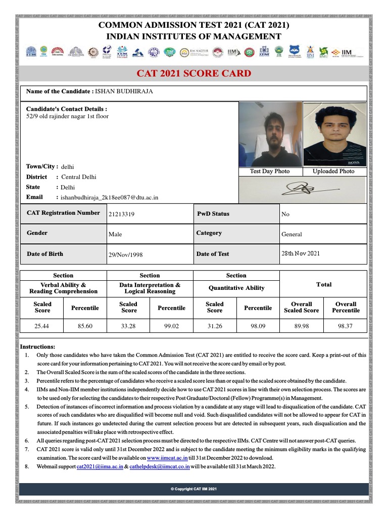 Cat 2021 Score Card Common Admission Test 2021 (Cat 2021) Indian