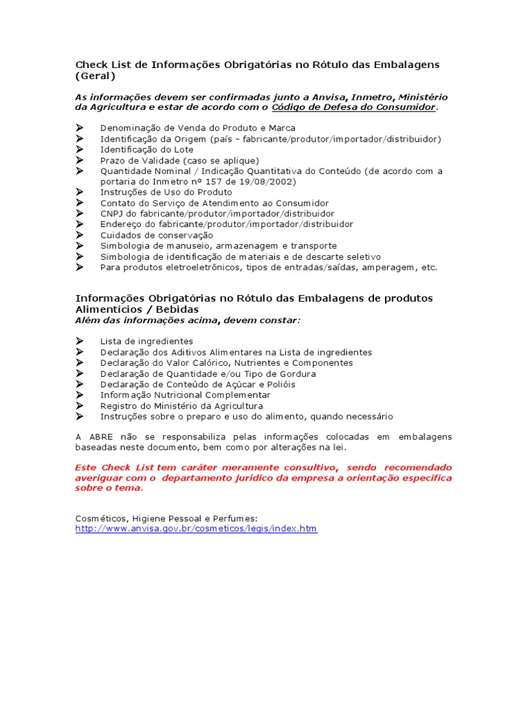 Check List Informações Obrigatórias No Rótulo Das Embalagens Consultivo ...
