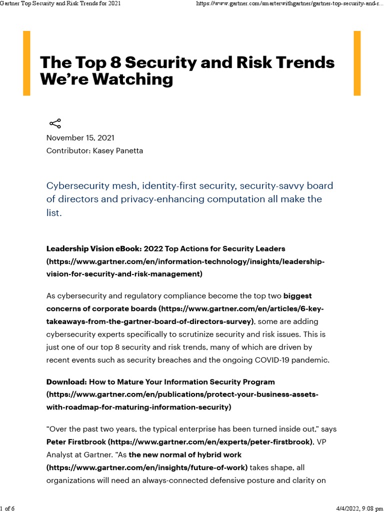Gartner Top Security and Risk Trends For 2021 PDF Computer Security