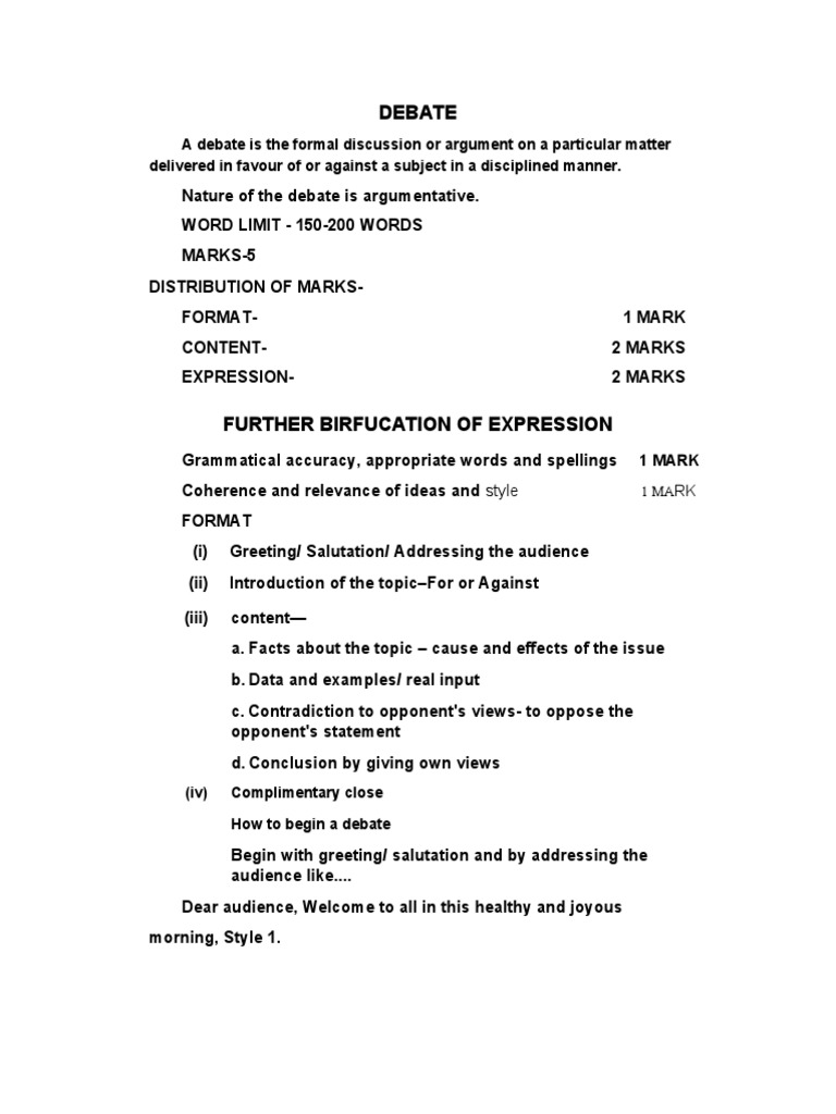 English Debate Writing Notes Class Xi PDF Tuition Payments Argument