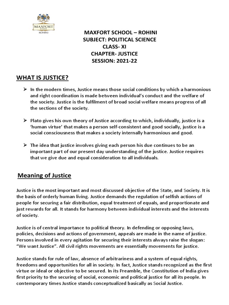 What Is Justice? Maxfort School Rohini Subject Political Science