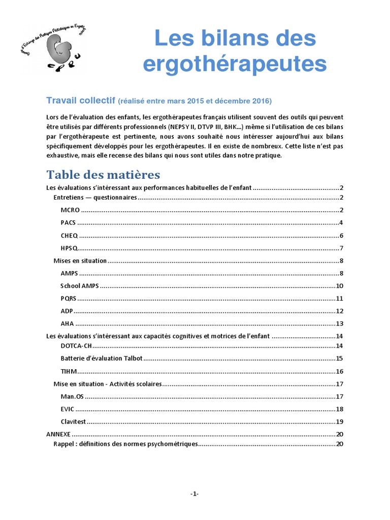 Bilan d'Ergothérapie : Outils et Méthodes | PDF | France | Bilan comptable