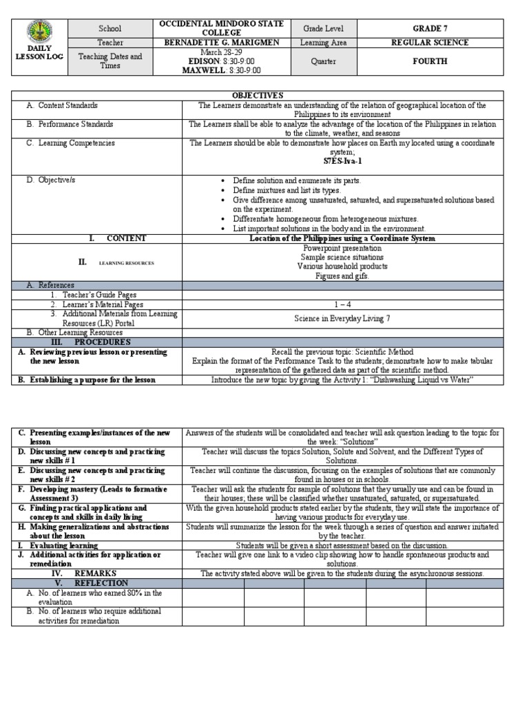 Grade 7 Science Lesson Plan: Solutions | PDF | Learning | Teachers