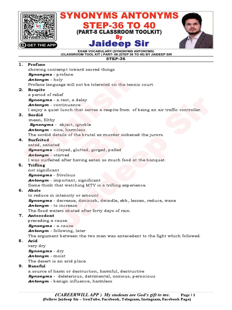 STEP36 1. Profane Exam Vocabulary (Synonyms Antonyms) (Classroom Tool