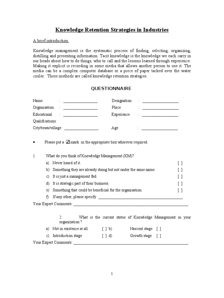 Questionnaire in Knowledge Management | Knowledge Management | Cognition