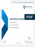 Certificate of Achievement: Joshua Coverstone Social Engineering Expert