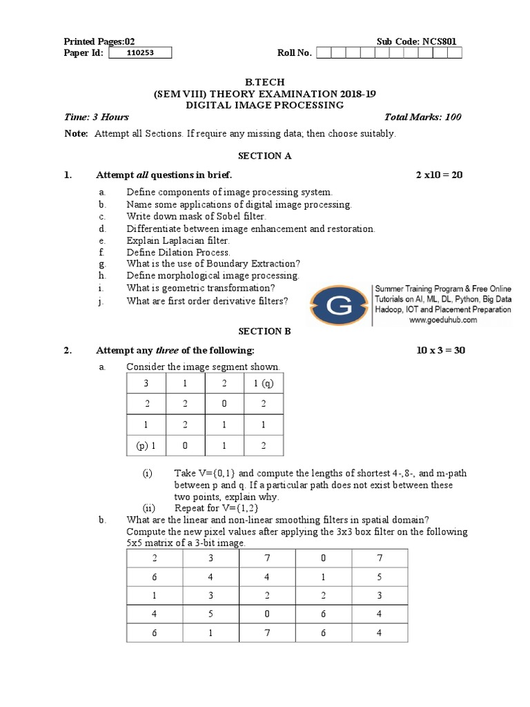 Digital Image Processing Exam Paper | PDF | Applied Mathematics ...