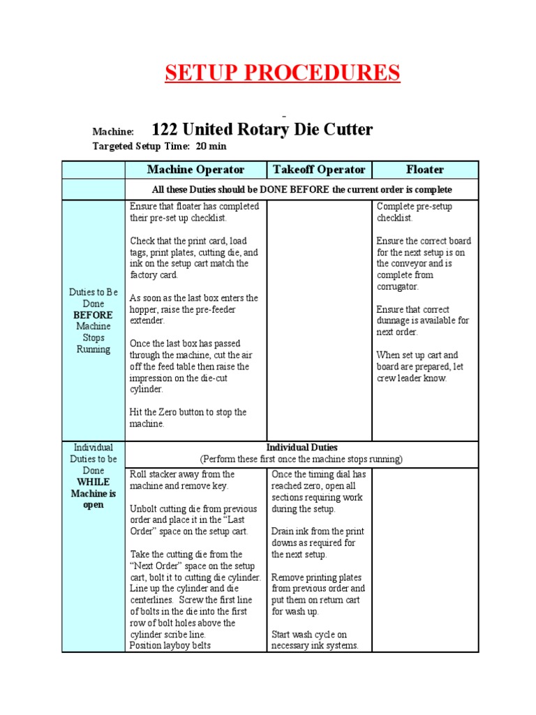 Setup Procedures: 122 United Rotary Die Cutter | PDF | Screw ...