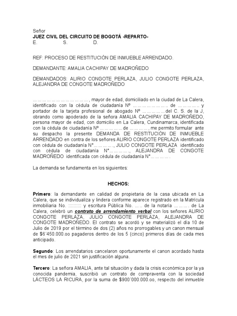 Modelo Demanda Restitución Inmueble Arrendado | PDF | Derecho privado ...