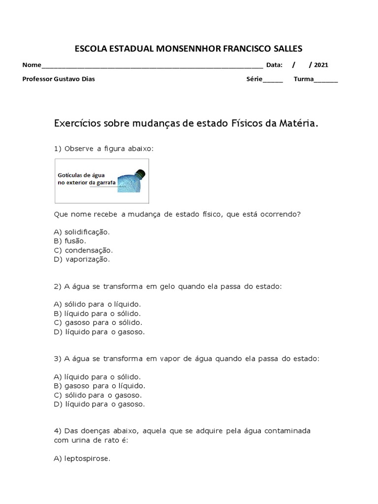 Ficha de Exercícios - Mudanças de Estado Físico Da Matéria. | PDF ...