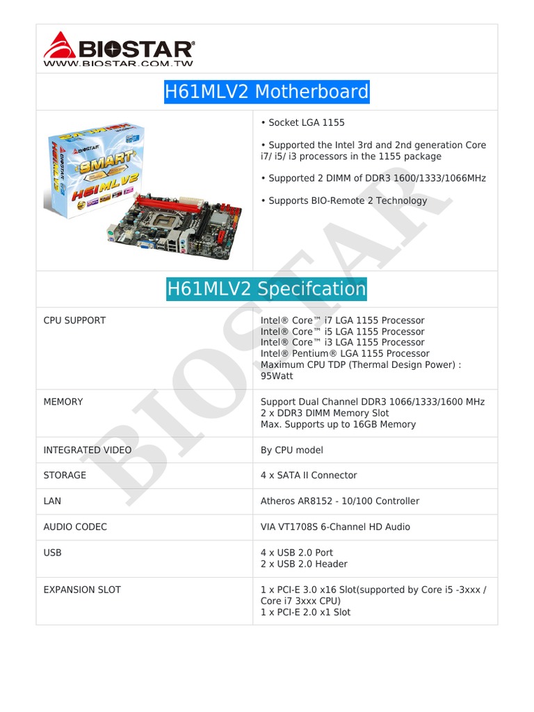 Biostar H61MLV2 Spec | PDF | Bios | Intel