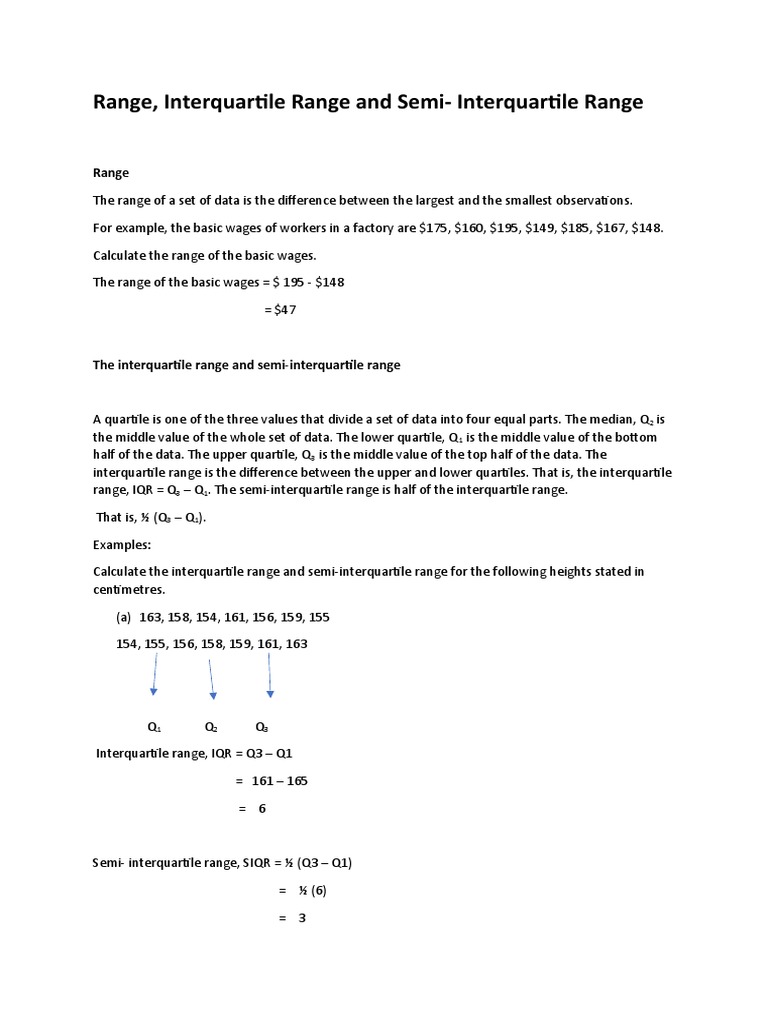 Range, Interquartile Range and Semi Interquartile Range PDF