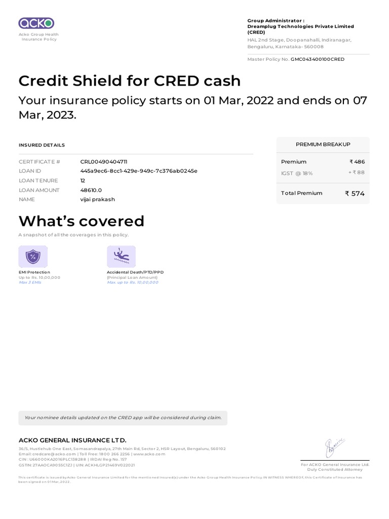 Credit Shield For CRED Cash Your Insurance Policy Starts On 01 Mar