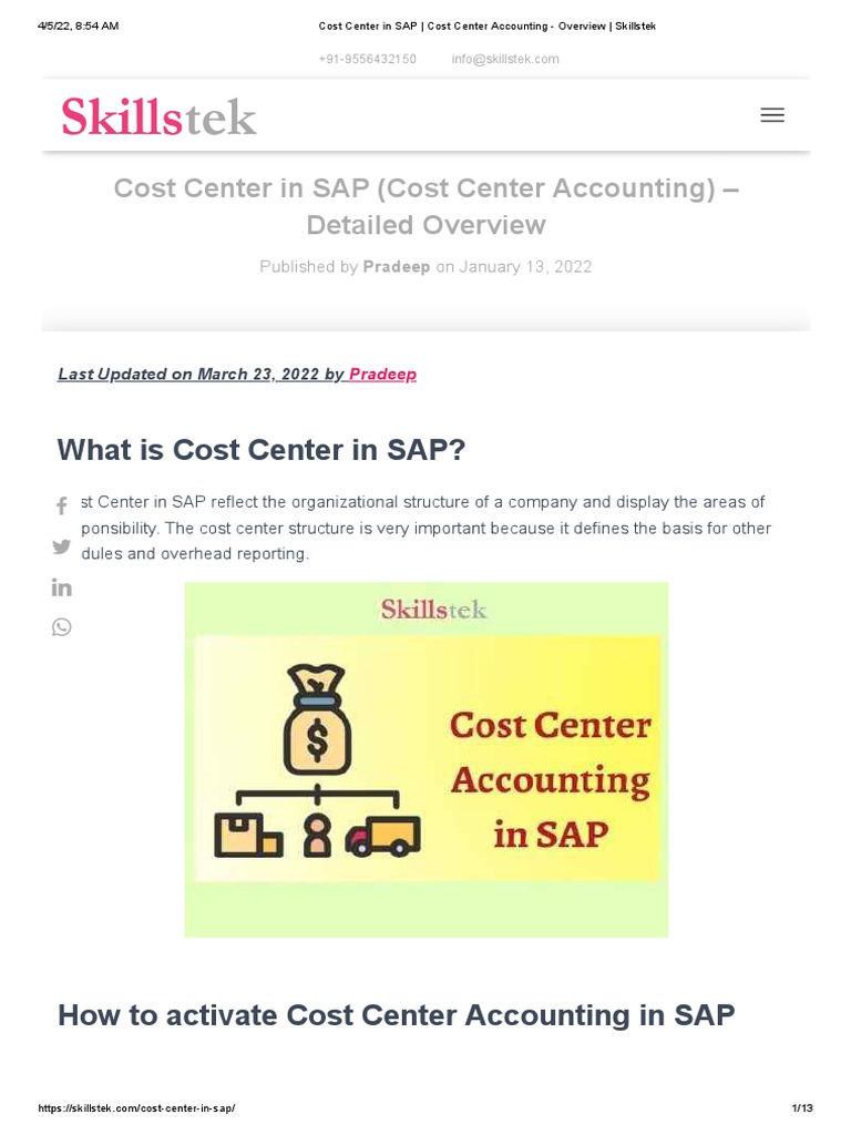 Cost Center in SAP Cost Center Accounting Overview Skillstek