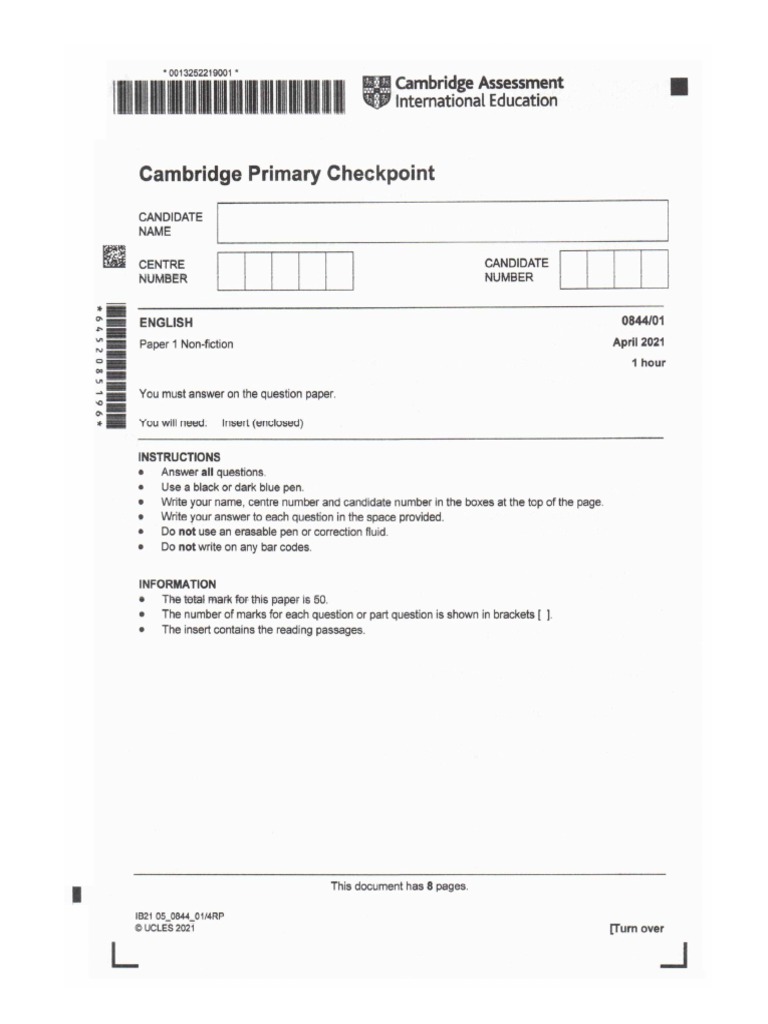 Cambridge primary checkpoint english 0844 april 2021 paper 1