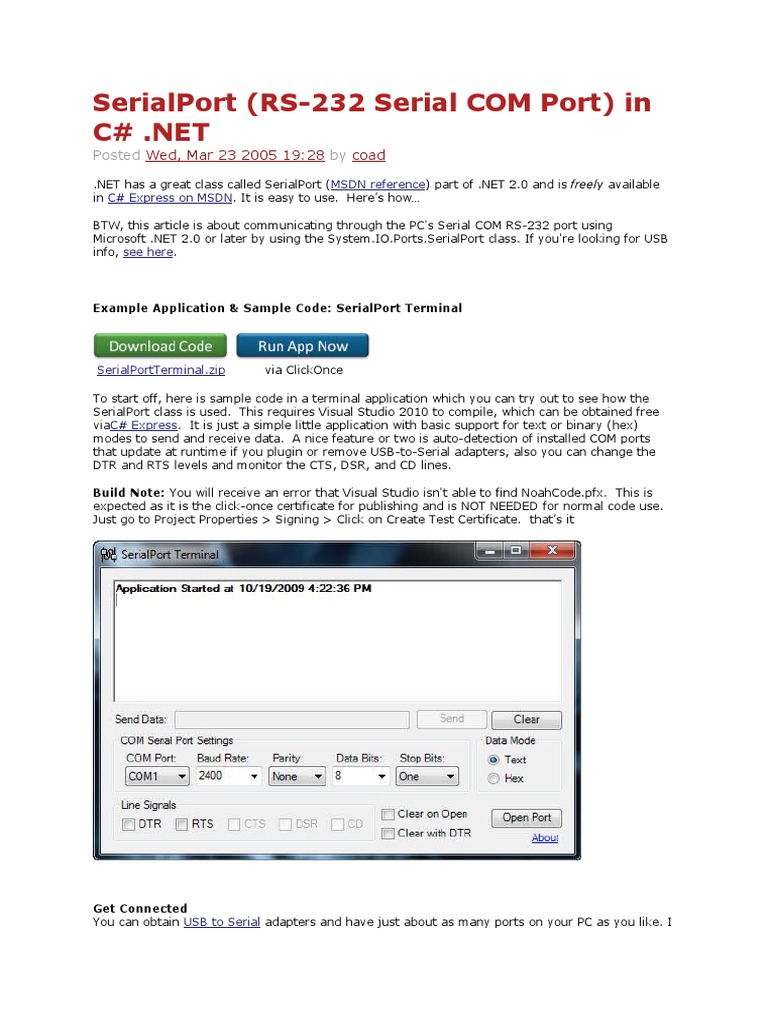 C# RS-232 Serial Port Guide | PDF | Usb | Microsoft Visual Studio