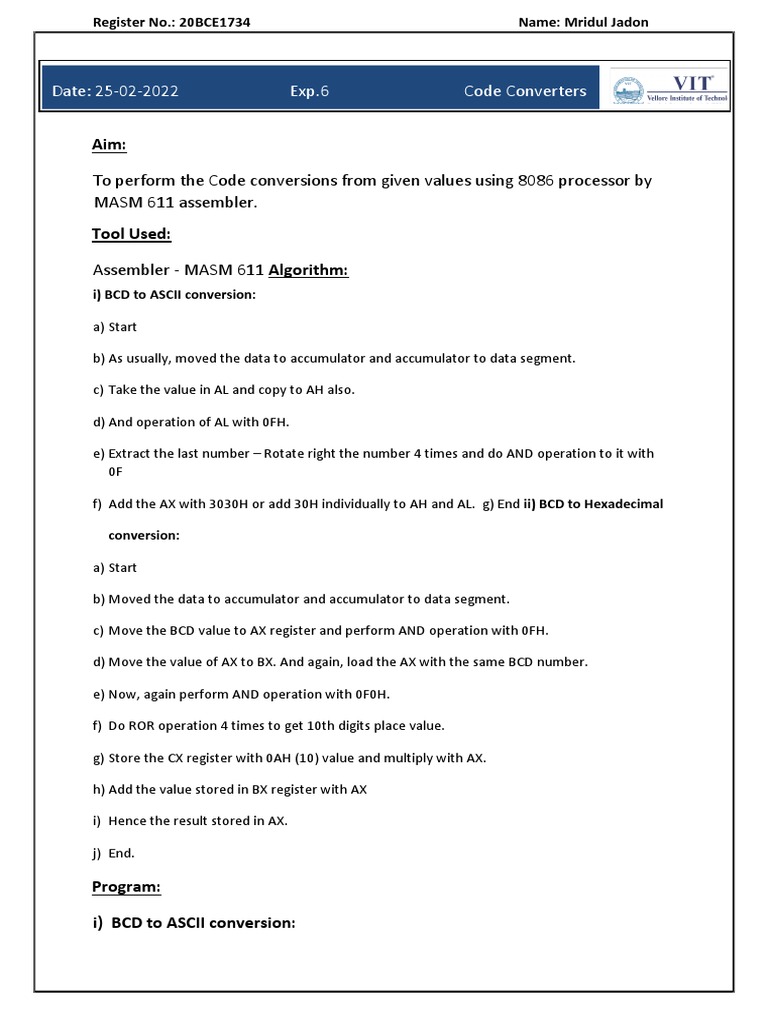 BCD to ASCII & Hex Conversion in MASM | PDF | Computers
