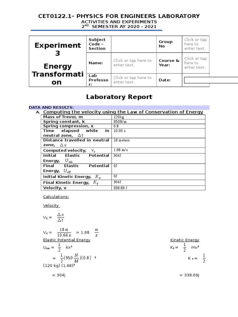 Experiment 3 Energy Transformation LABORATORY REPORT SHEET PDF