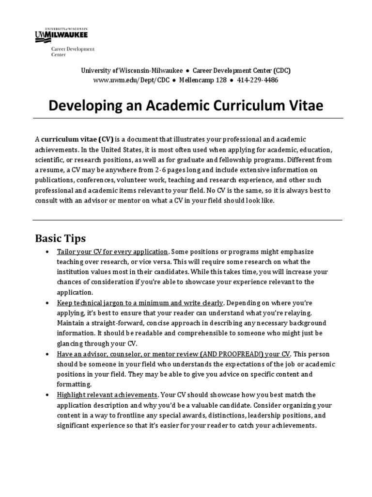 Developing An Academic Curriculum Vitae: Basic Tips | PDF | Marketing ...