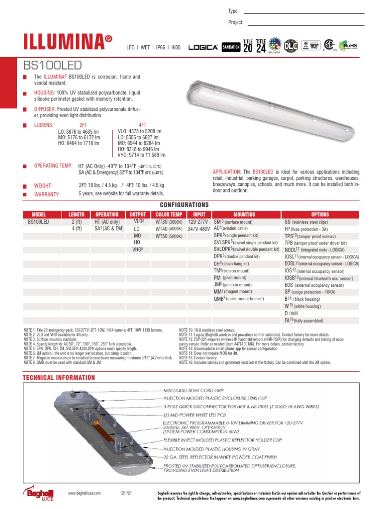 Illumina Bs100led Spec | PDF | Electrical Engineering | Electromagnetism