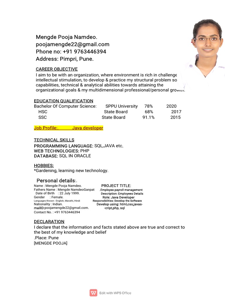 Java Developer Resume of Mengde Pooja | PDF