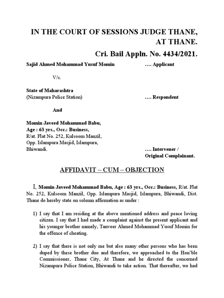 In The Court of Sessions Judge Thane, at Thane. Cri. Bail Appln. No