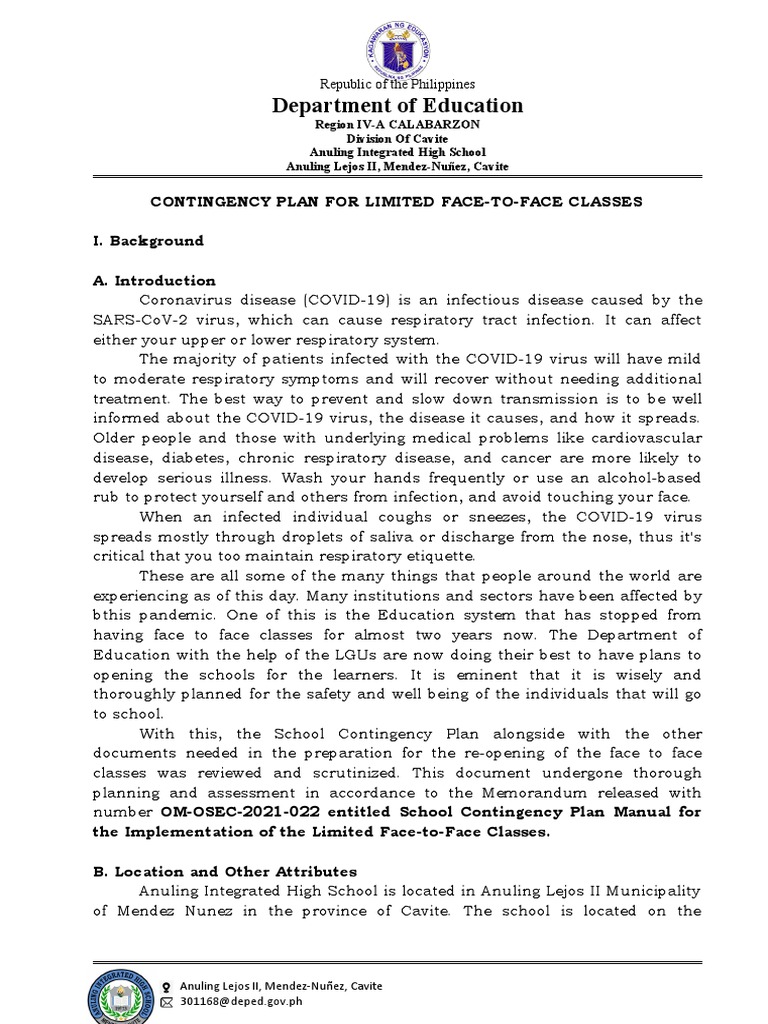 Contingency Plan For Limited Face To Face Download Free Pdf