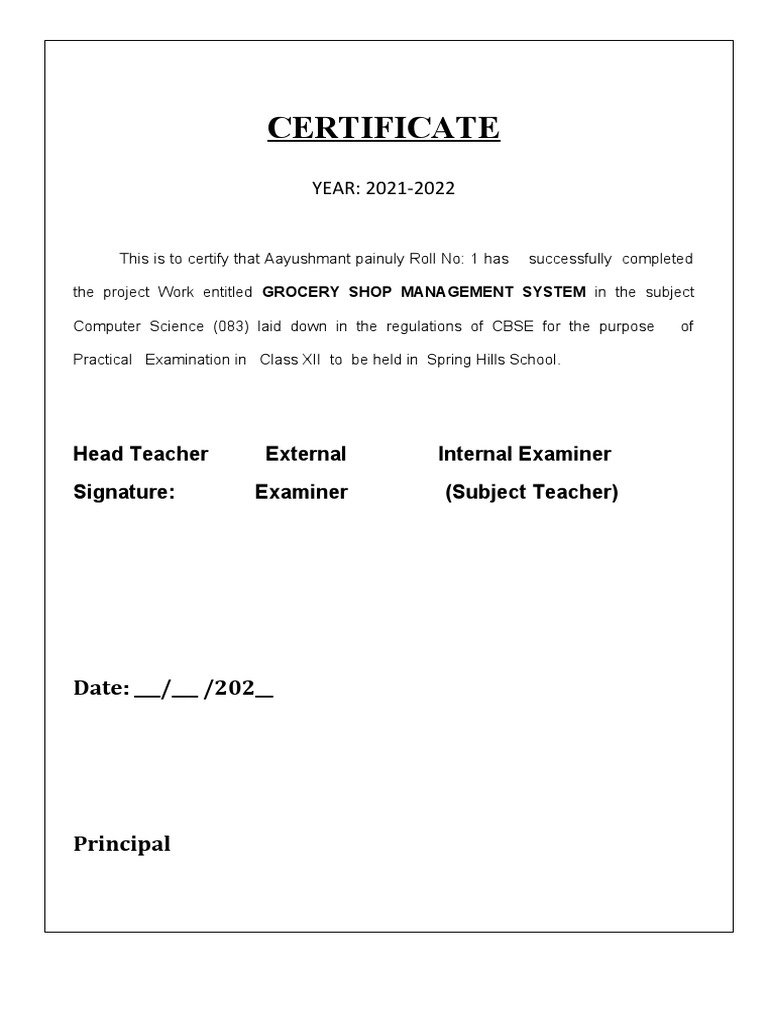 Grocery Shop Management System Certificate | PDF | Software Testing ...