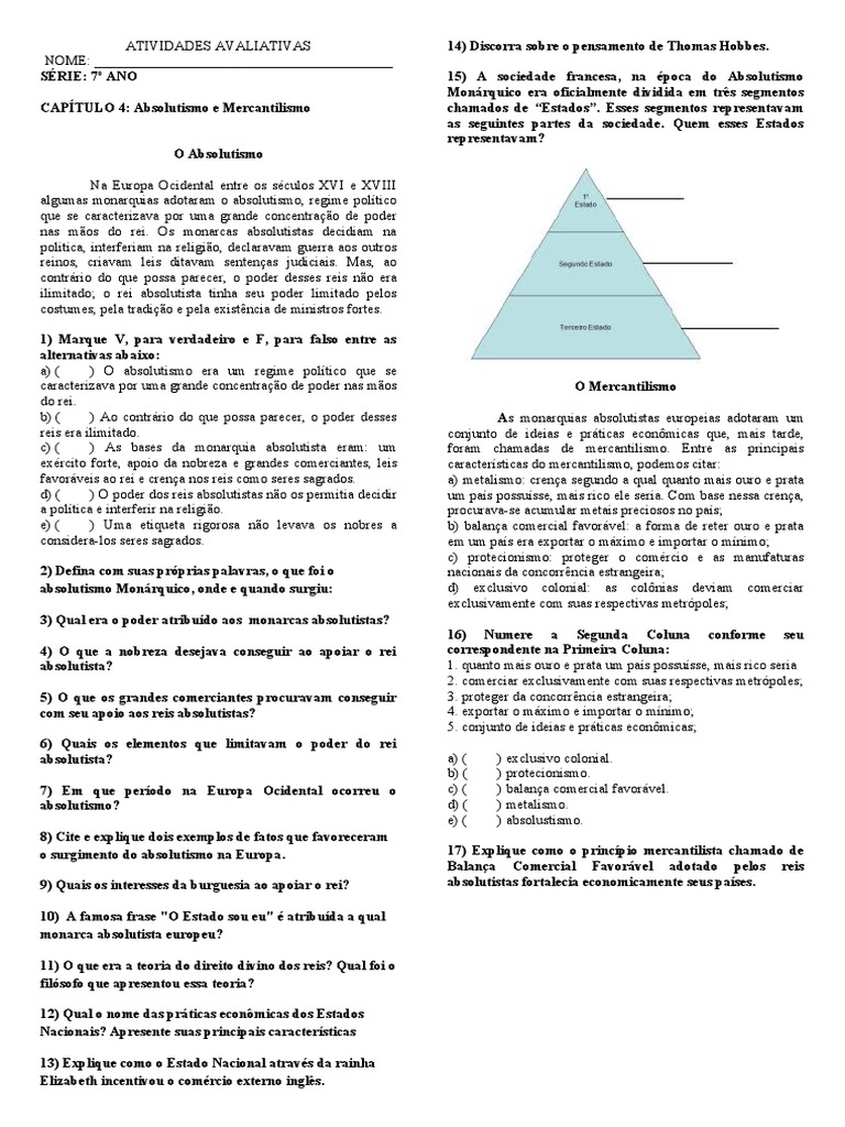 Atividades sobre Absolutismo e Mercantilismo | PDF | Mercantilismo ...