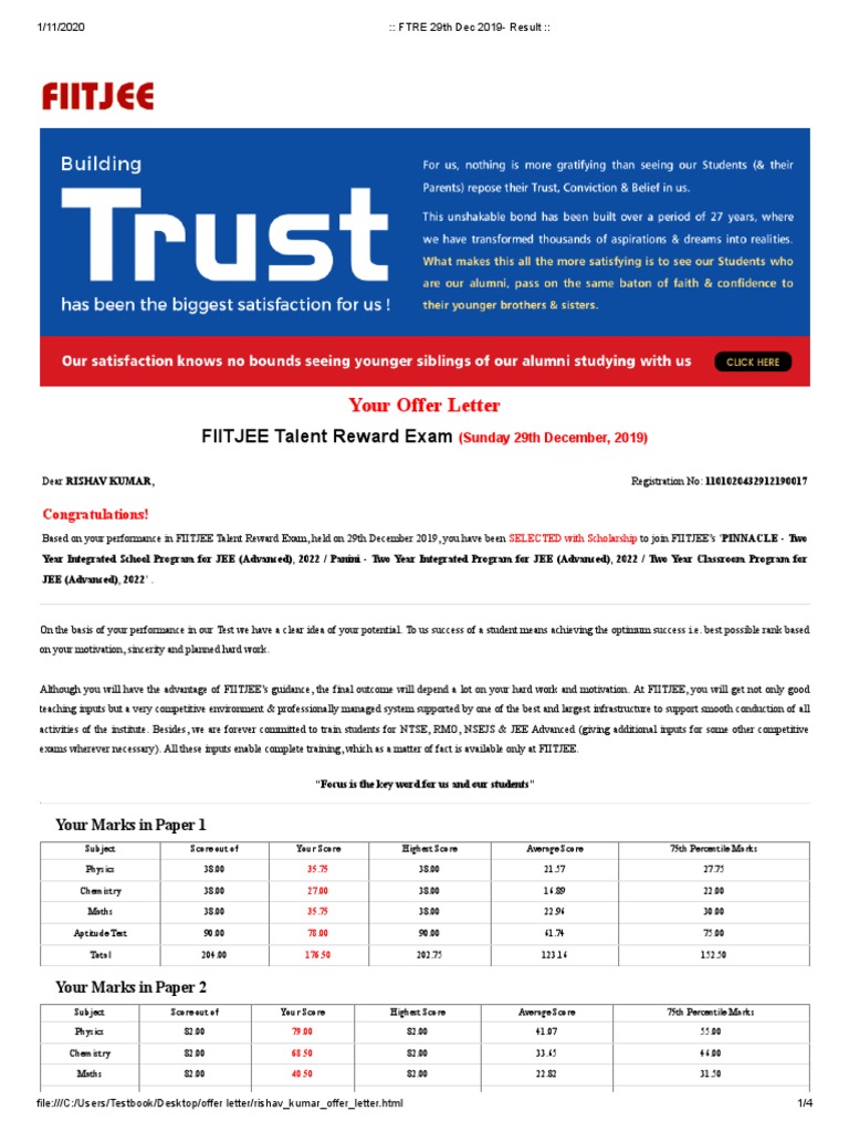 FTRE 2019 Result and Scholarship Offer | PDF | Test (Assessment)