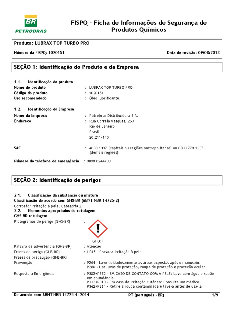 Fispq Lubrax Turbo Pro PDF Queimadura Águas residuais