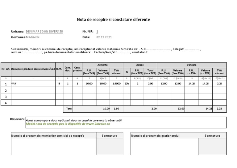 Model NIR Gestiune Global Valorica cuTVA | PDF