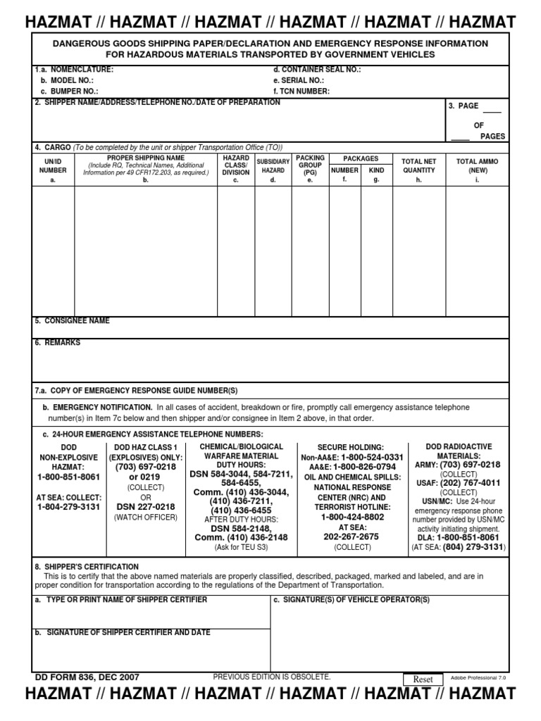 DD 836 DG Shipping Paper Hazmat Materials PDF Dangerous Goods