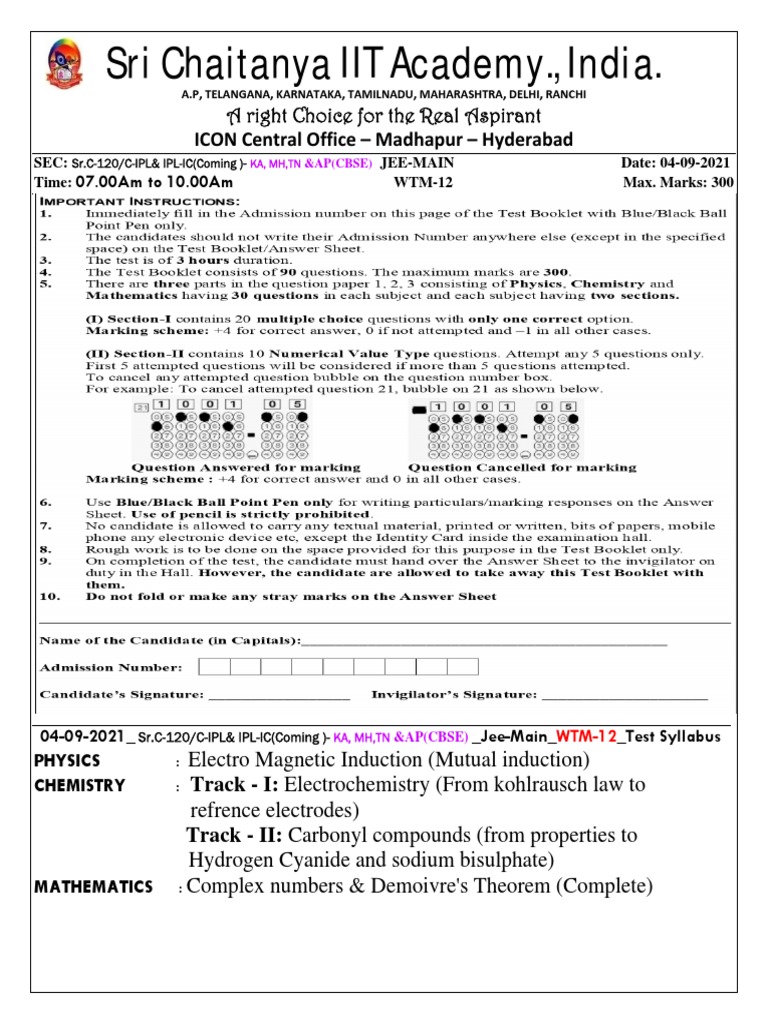 Sri Chaitanya IIT Academy Test Syllabus and Questions for JEE Main ...