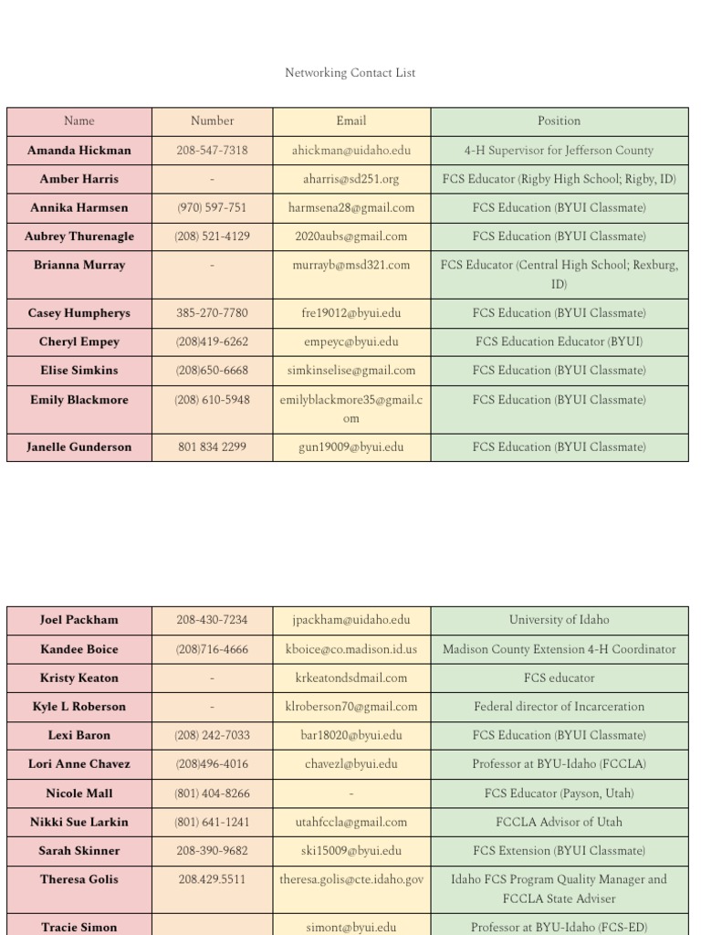 Networking Contact List PDF