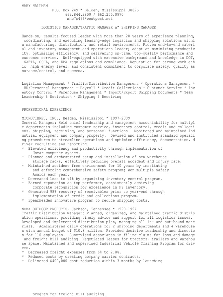 Distribution/Logistics Manager PDF Cargo Logistics