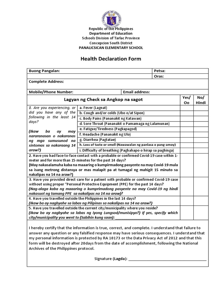 Health Declaration Form for Students | PDF | Medical Specialties ...