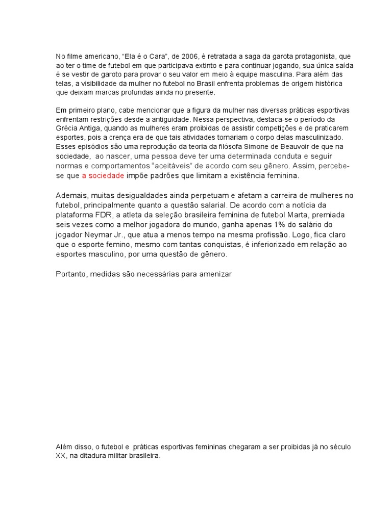 Futebol Feminino Redação | PDF