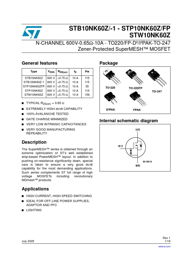 P10NK60Z - 600V, 10a | PDF | Diode | Mosfet