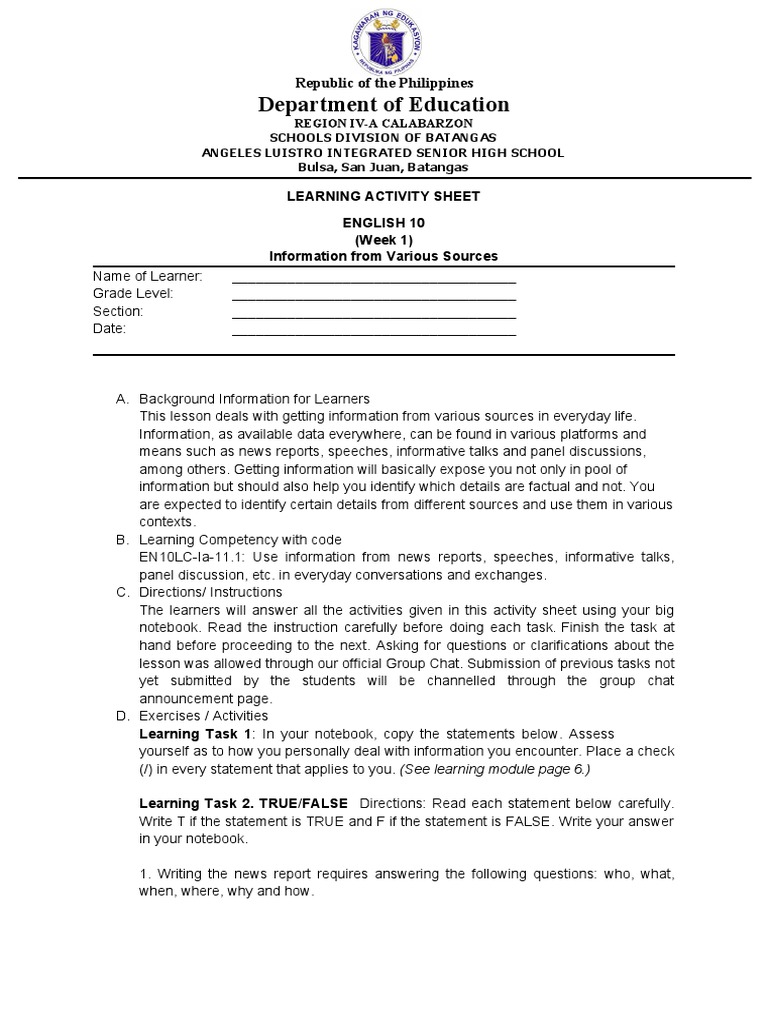 Grade 10 English Learning Activity Sheet | PDF | Learning | News