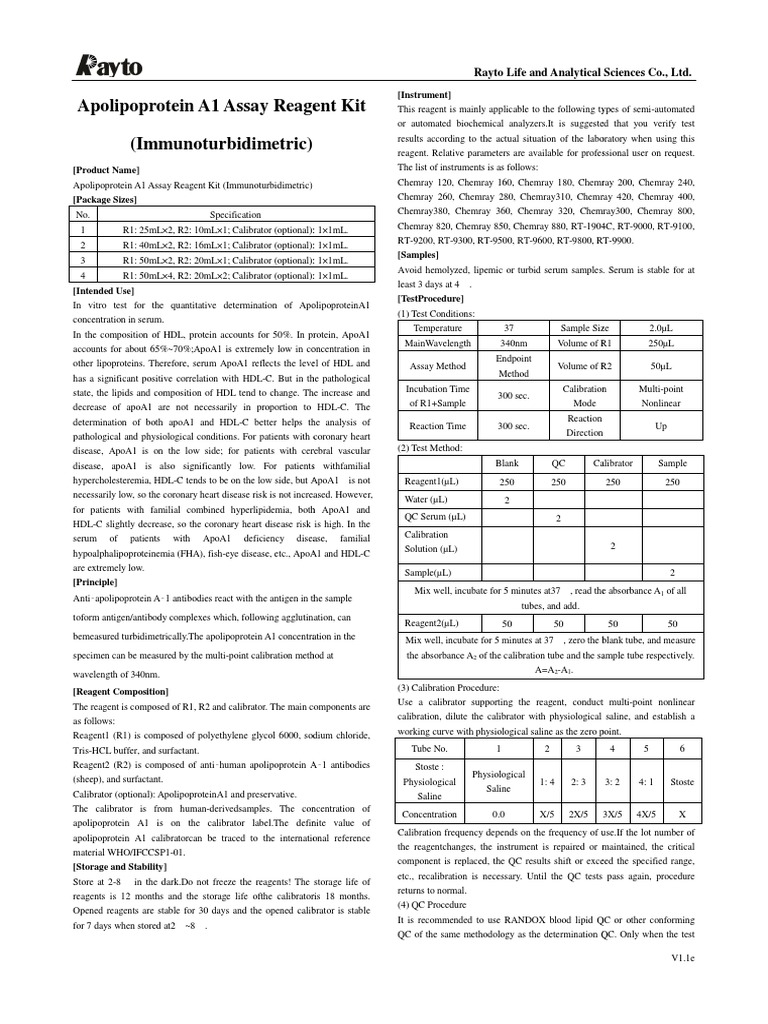 Apolipoprotein A1 (Immunoturbidimetric) V1.1e | PDF | High Density ...