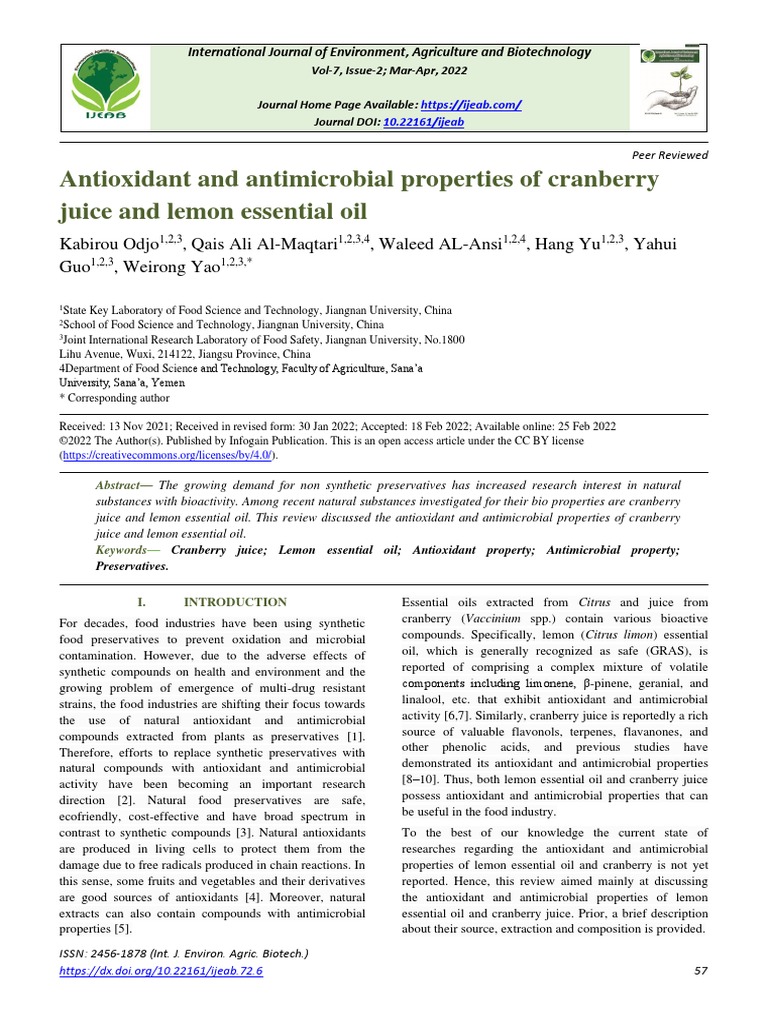 Antioxidant and Antimicrobial Properties of Cranberry Juice and Lemon